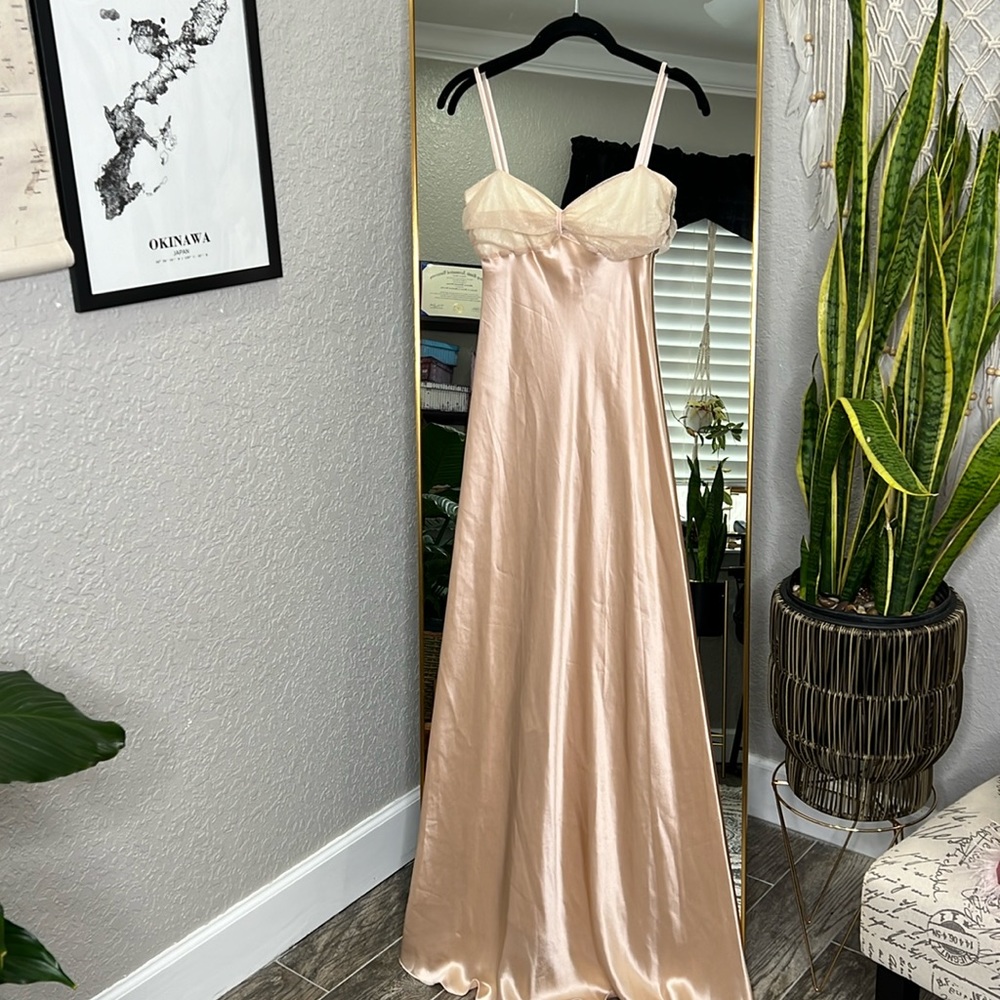B.Fleurs Hopeless Romantic Tulle Bow Soft Peach Satin Maxi - Picture 1 of 7